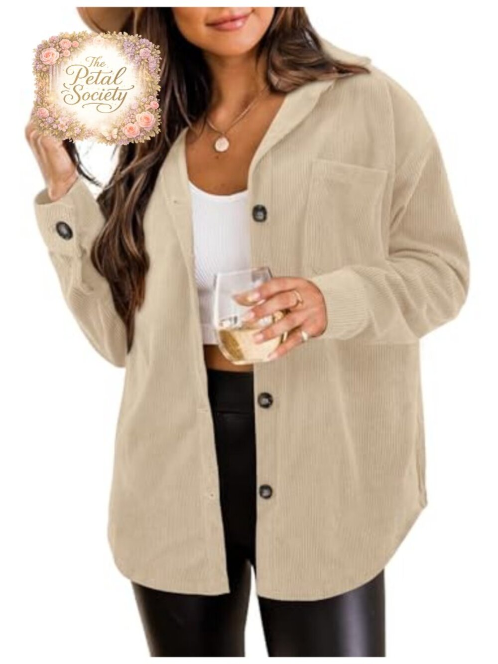 Womens Corduroy Button Down Shacket Long Sleeve Loose Fit Casual Jacket